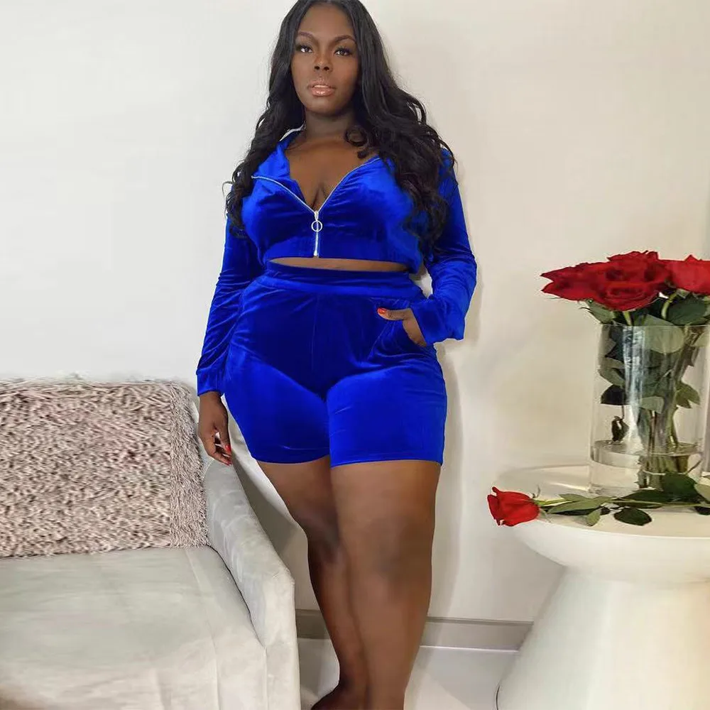

ZJFZML ZZ Women Clothing Two Piece Set Plus Size Hooded Long Sleeve Crop Jackets+high Waist Shorts Suit Dropshipping Wholesale