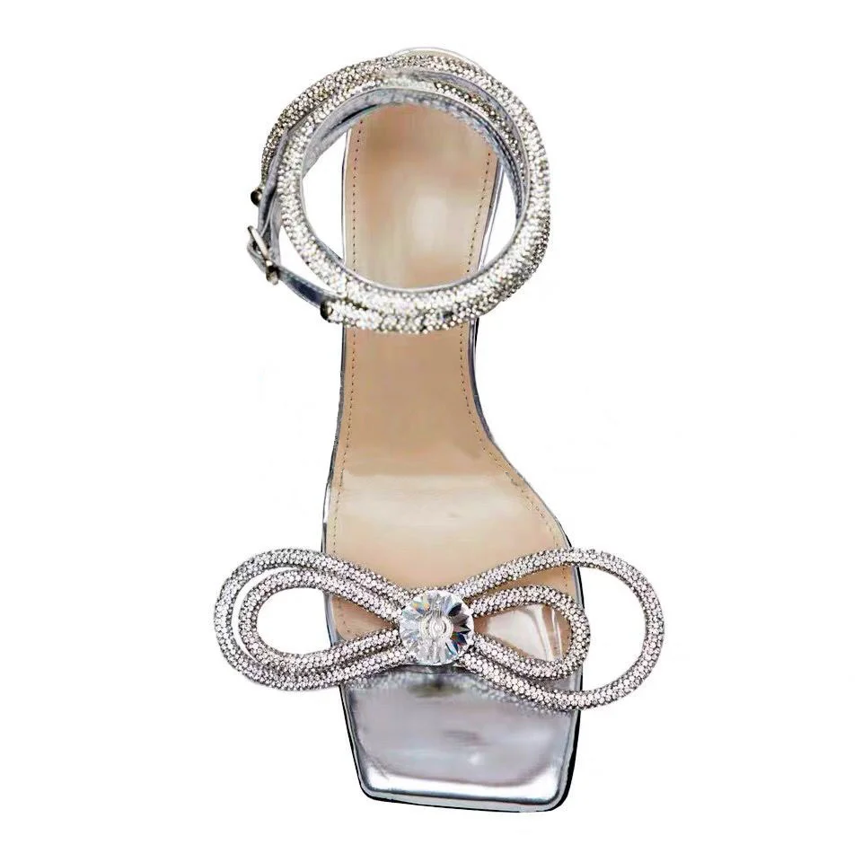 

2021 new Wind high heeled shoes thin heel summer square diamond bow diamond open toe sandals