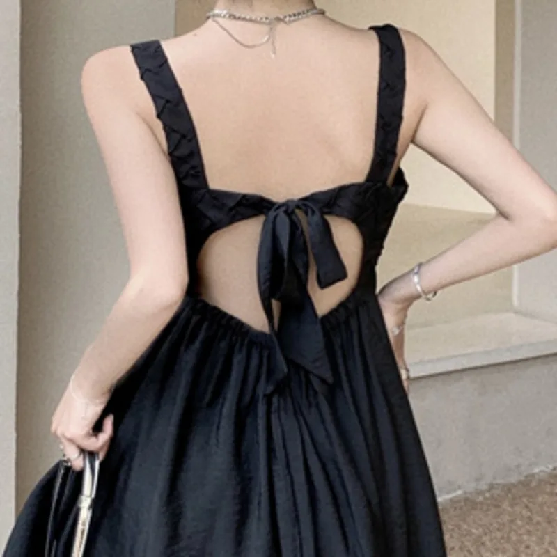 

French Summer Dresses Women Sexy Backless Spaghetti Strap Dress Back Bow Elastic Slim Waist Robe Elegant Midi Vestidos Femme New