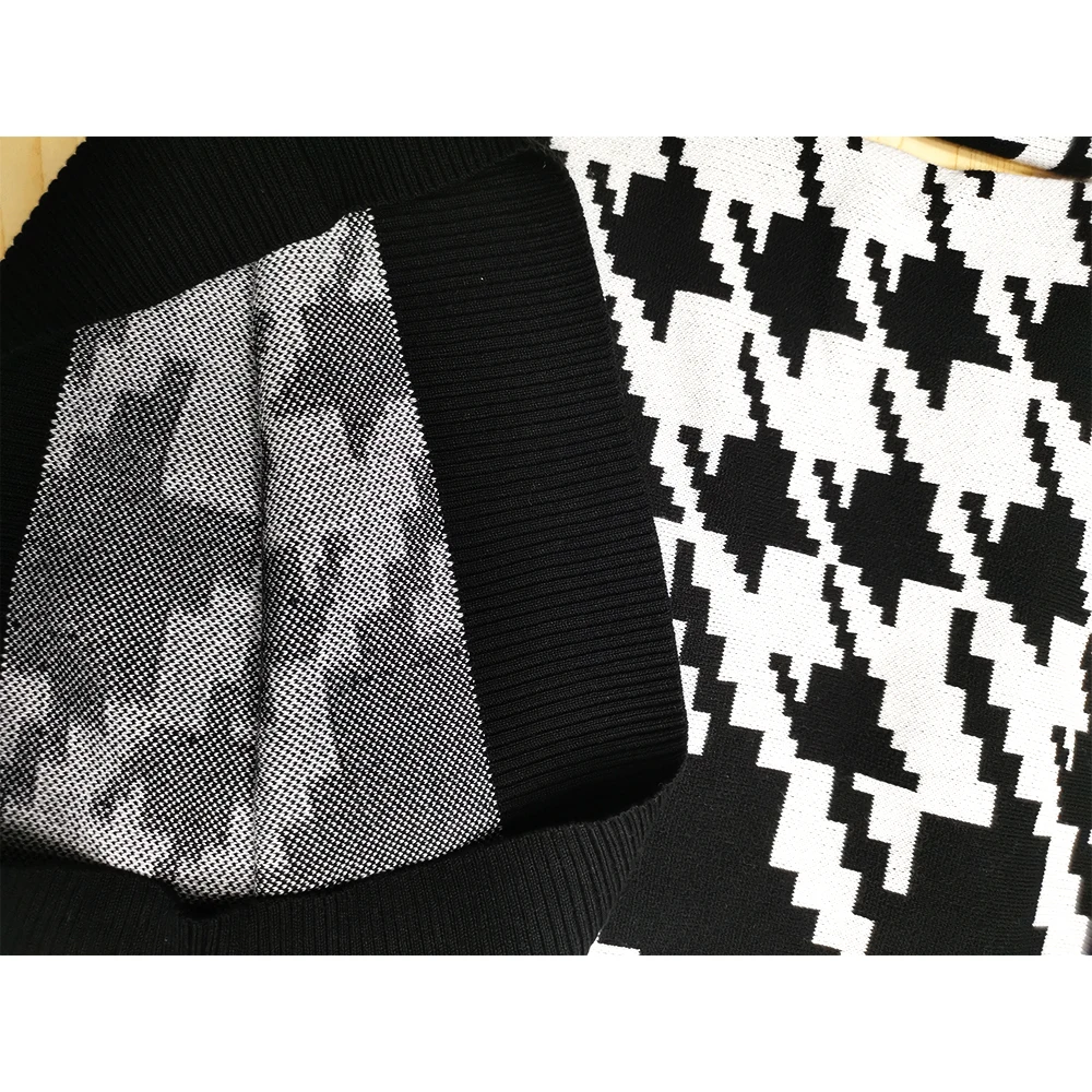 

Turtleneck Knitted Sweater Women 2020 Autumn Winter Houndstooth Long Pullover Femlae Fashion Warm Black White Vintage Jumper
