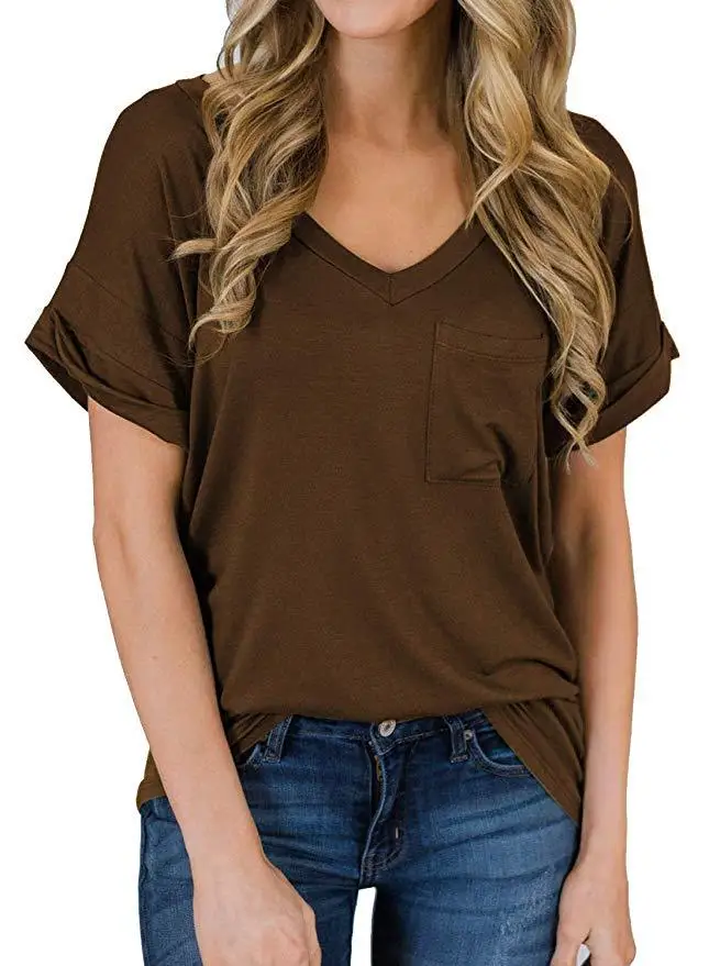 

Women's Spring/Summer 2021 V-neck Pocket T-shirt Short Sleeve Loose Top KE5