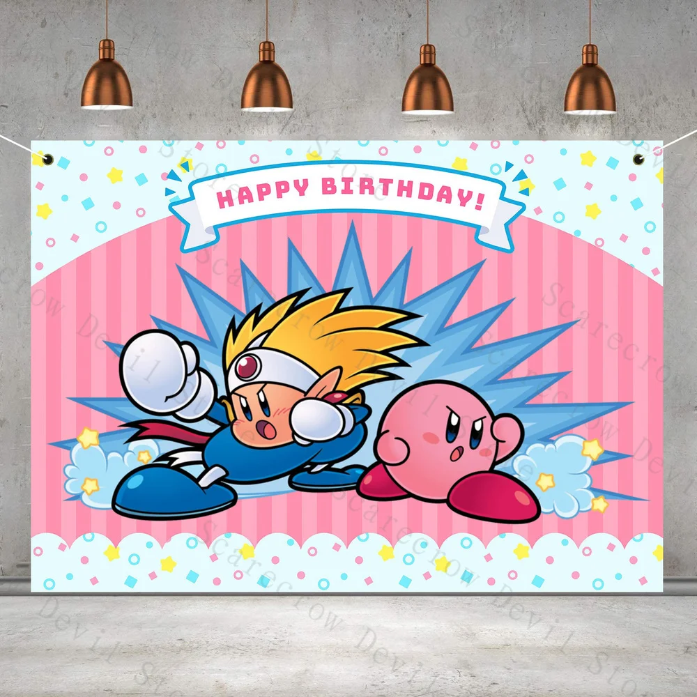 

Kirby Happy Birthday Party Backdrop Anime Cartoon Figure Background Backdrop Photography Wall Hanging KIds Supplies Decoration