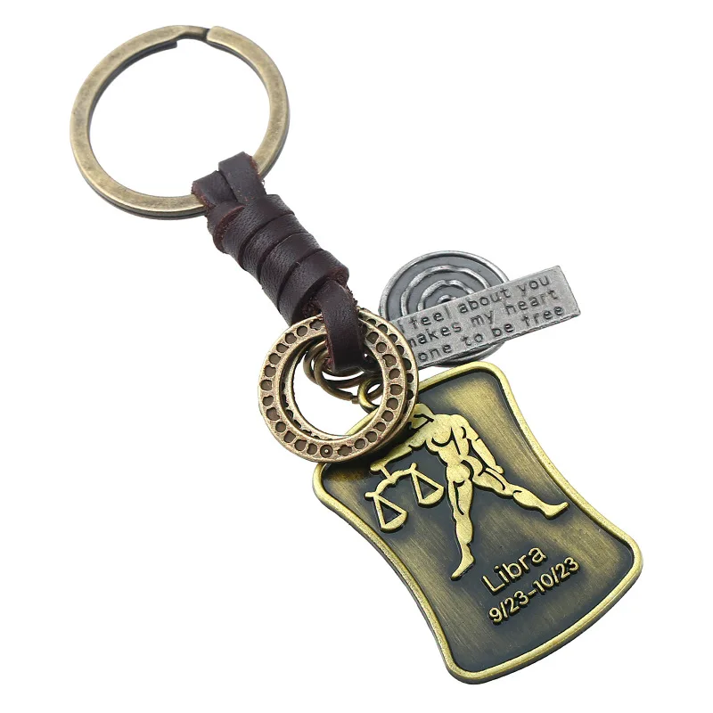 

Punk Weave Genuine Leather 12 Constellation Keychain Key Ring Bronze Color Zodiac Sign Tags for Bag Pendant Car key chains