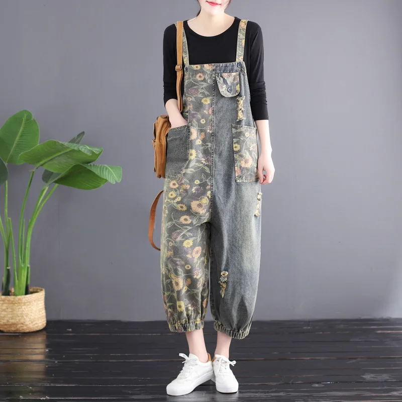 

5894 Denim Jumpsuit Women Elegant Baggy Korean Style Fashion Casual Romper Colorful Flower Printing Large Size Ripped Suspender