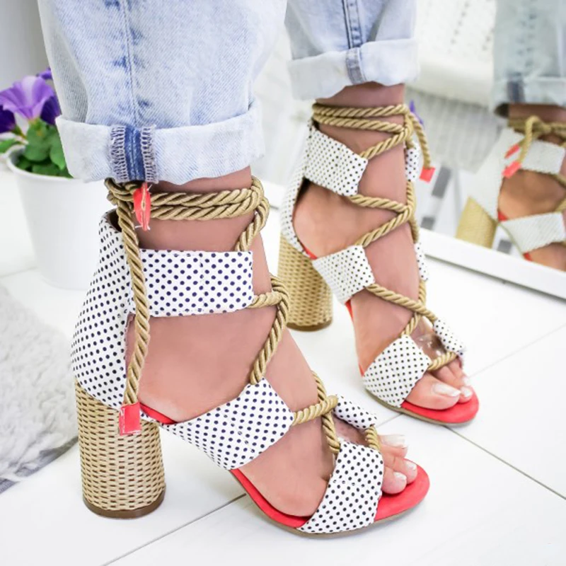 New Women Sandals Shoes Mixed Colors Lace-Up Flock Shallow Round Heels 7CM Thick High Casual Female Pumps Plus Size | Обувь