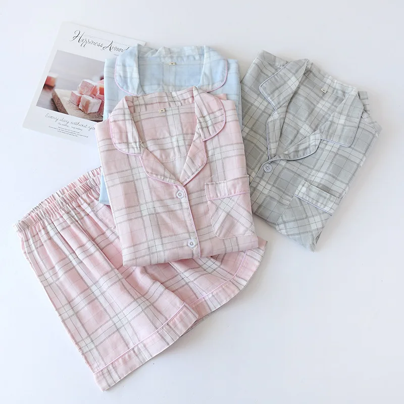 Summer Couple Pajamas Set Pure Cotton Gauze Simple Plaid Men/women Short Sleeved Sleepwear with Shorts Loose Comfy Home Wear