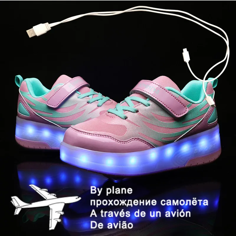 

Blue 2021 New USB Charging Children Sneakers remote control Girls Boys Led Shoes Kids Sneakers With Wheels Roller Skate Shoes