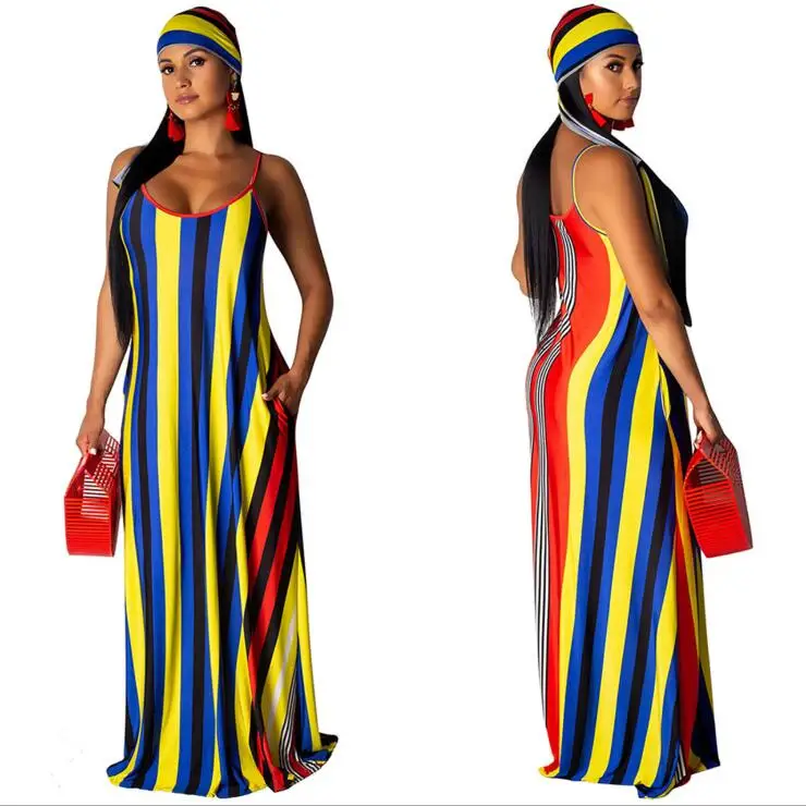 2020 Women Summer Long Maxi Dress Sexy Sleeveless Striped Print Party Night Club Bandage Female Lady Beach Dresses Vestido GL042 | Женская
