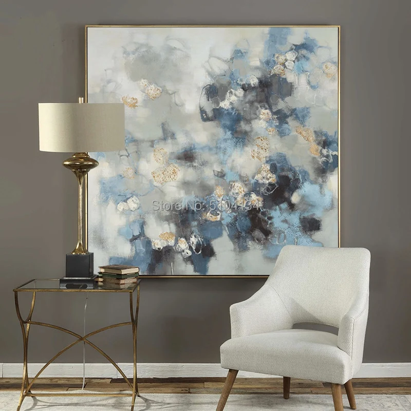 Kopen Handgemaakte Abstract Blauw Goud Olieverfschilderij Wall Art Pictures Voor Woonkamer Home Decor