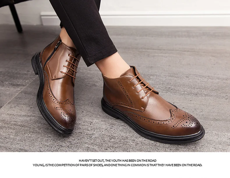 BIMUDUIYU Autumn New Men Leather Ankle Oxford Boots British Style Male Casual Lace Up Derby Shoes Fashion High Top Brogue Shoes