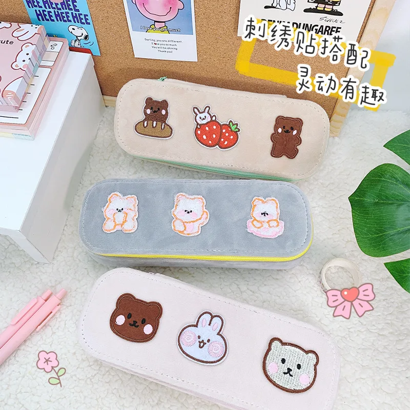 

WG Creative Cartoon Plush Embroidery Pen Case Simple Ins Style Large Capacity Office Stationery Box Cute Pen Case