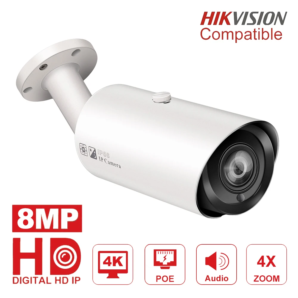 Hikvision, совместимая с 4K POE ip-камера, уличная, 8 Мп, Vari-Focus, 2,8-12 мм, цилиндрическая камера видеонаблюдения, H.265, слот Micro SD