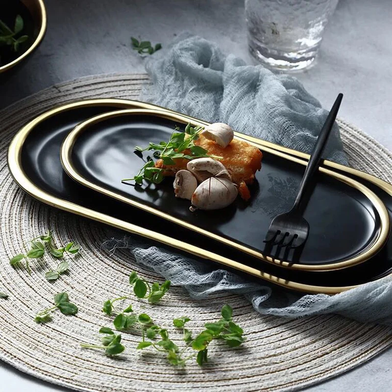 

Gold Plating Ceramic Marble StorageBreakfast Oval Plate Jewelry Tray Dessert Dish Decoration Tray Black White Europe Food Fruit