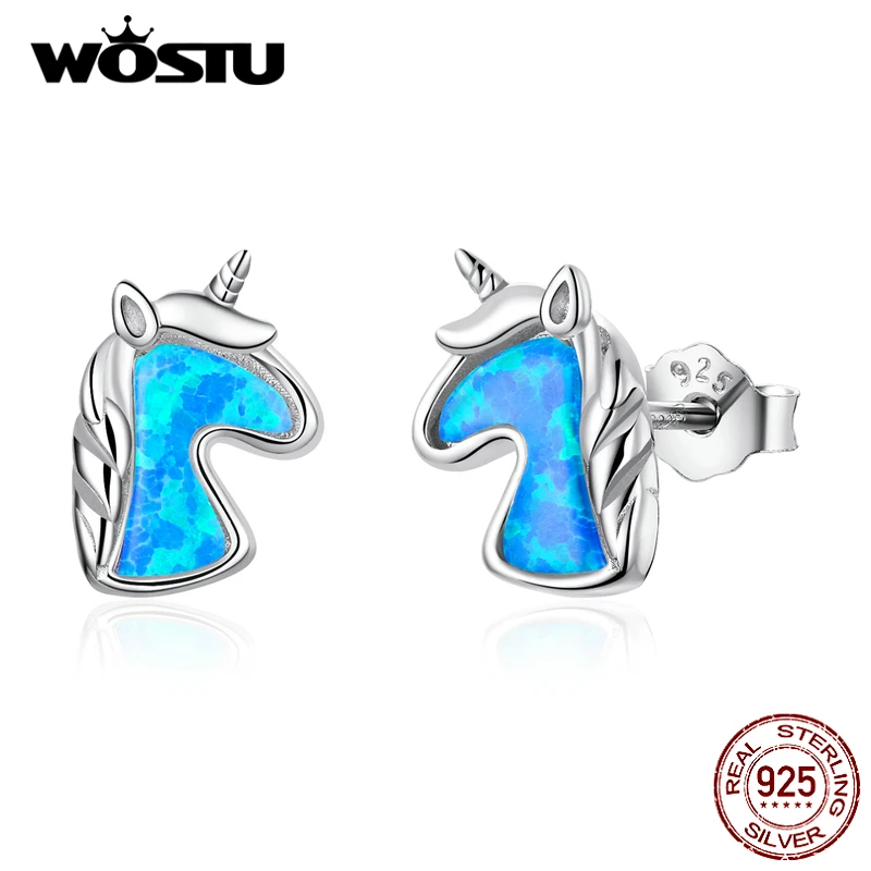 Женские серьги пусеты WOSTU из серебра 925 пробы с голубым опалом в виде единорога