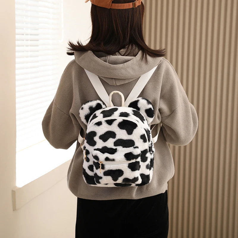 Cow Print Mini Fluffy Backpack For Women 2021 Bear Ears Plush Backpack Chessboard Fur Shoulders Bag Kawaii Plaid Furry Bagpack