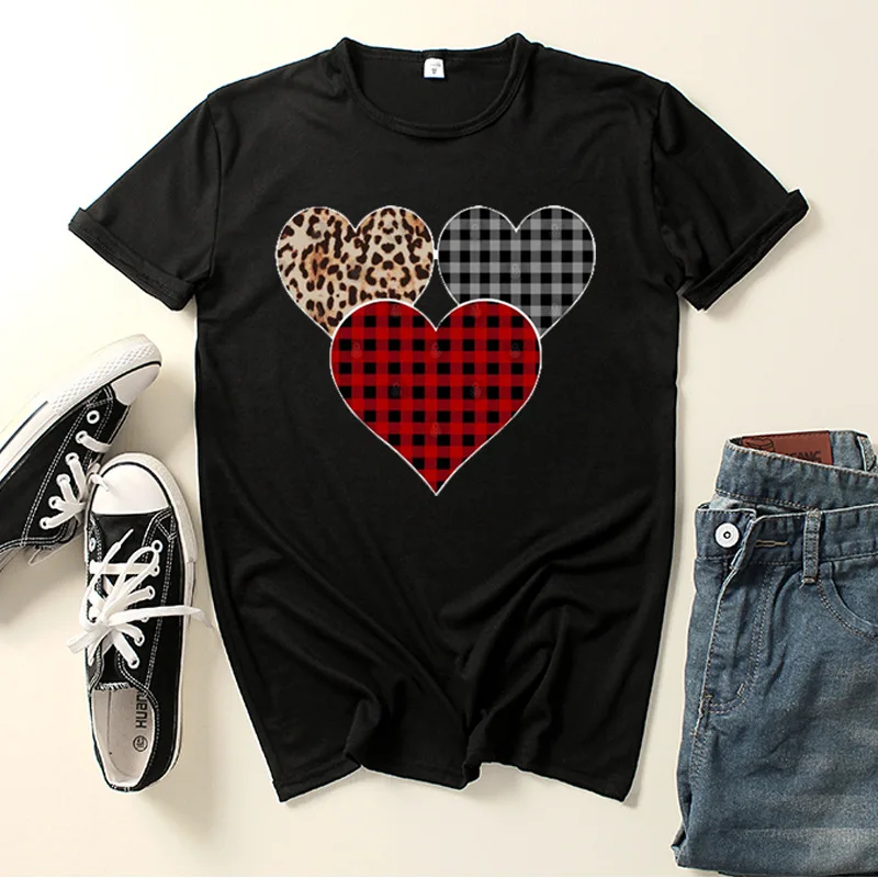 

Plaid Leopard Heart Letter Print Women T Shirt Short Sleeve O Neck Loose Women Tshirt Ladies Tee Shirt Clothes Camisetas Mujer