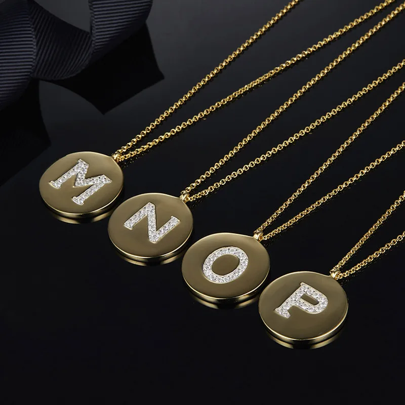 

SA SILVERAGE Silver Necklace Zircon Gold Color Necklace Real 925 Sterling Silver Letter Necklace A-Z English Word Round Pendant