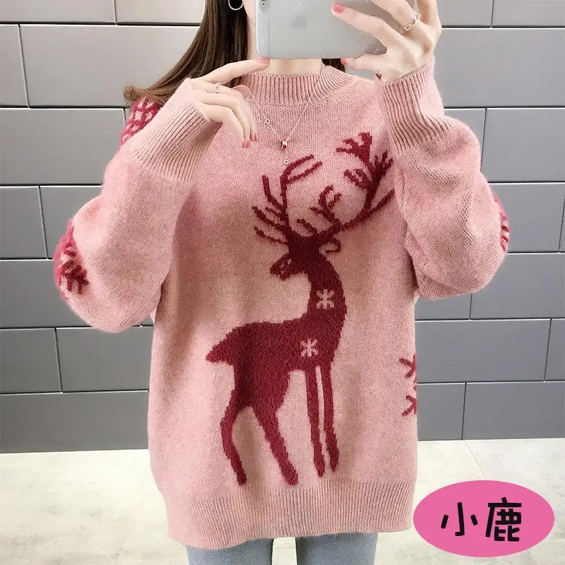 

Fawn Christmas Plush sweater women's thickened loose outer wear autumn and winter 2020 new semi turtleneck sweater winter