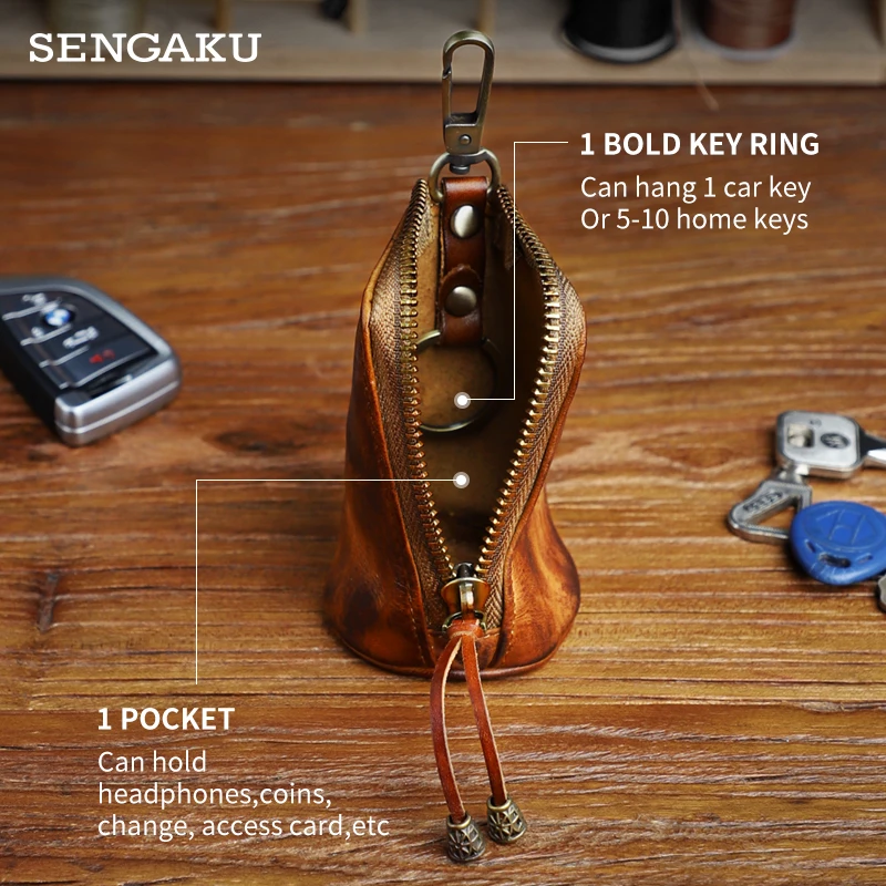 Brand New Men's Cowhide Leather Zipper Purse Bag Retro Car Key Wallets Fashion Multi-functional Housekeeper Holders