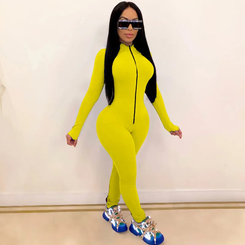 

Ladies Zipper Front Long Sleeve Tights 2021 New Women Solid Color One Piece Jumpsuit Fitness Jumpsuit Jumpsuit Plus Size