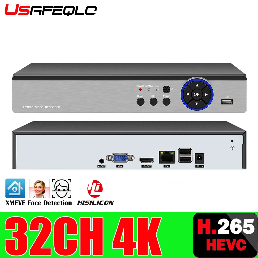 

Металлический Чехол USAFEQLO, 32CH детектор лица, H.265 ++ NVR HDMI VGA 4K 5M NVR CCTV NVR для IP-камеры, систем безопасности ONVIF 3G 4G WIFI