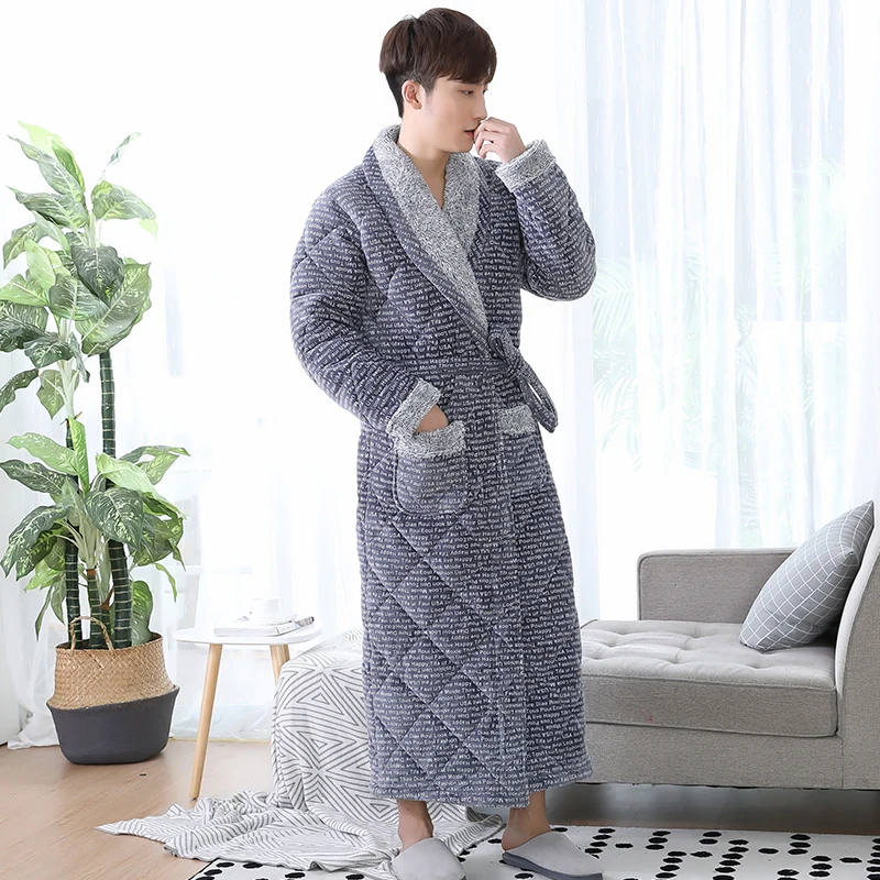 

Newest winter men three layers quilted bathrobe men pyjamas coral fleece bathrobe plus size L-3XL male thick warm robe