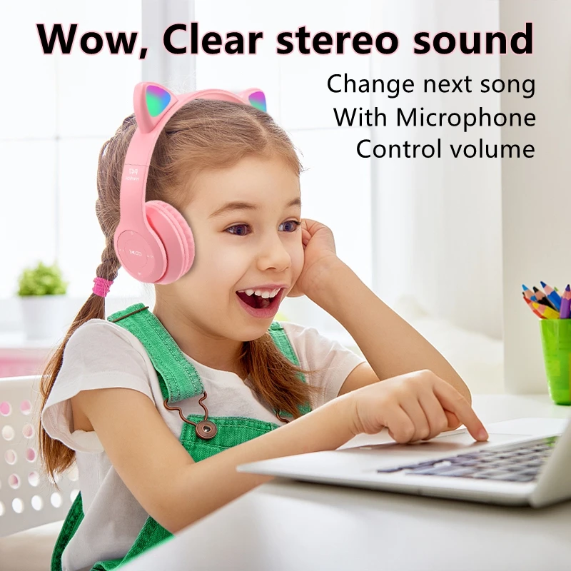 Беспроводные детские наушники RGB с милой кошкой и микрофоном игровые