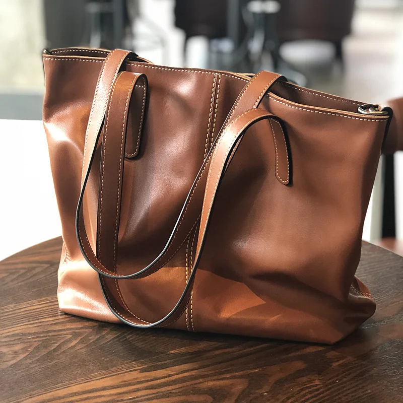 

Soft Genuine Leather Women's Large Capacity Tote Bag Weekend Shopping Shoulder Bag Natural Real Cowhide Handbag Brown Totes
