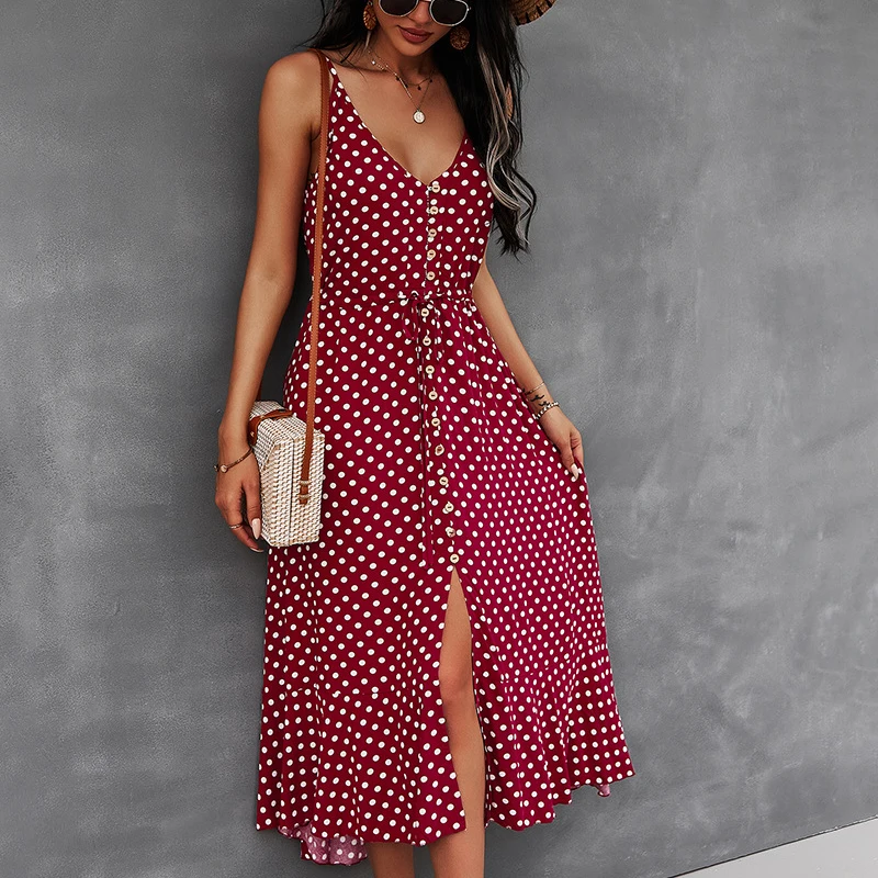 

Polka Dot Summer Midi Dresses for Women Sleeveless V Neck Sexy Long Woman Dress Robe Sling Button Bandage Dress Vestidos