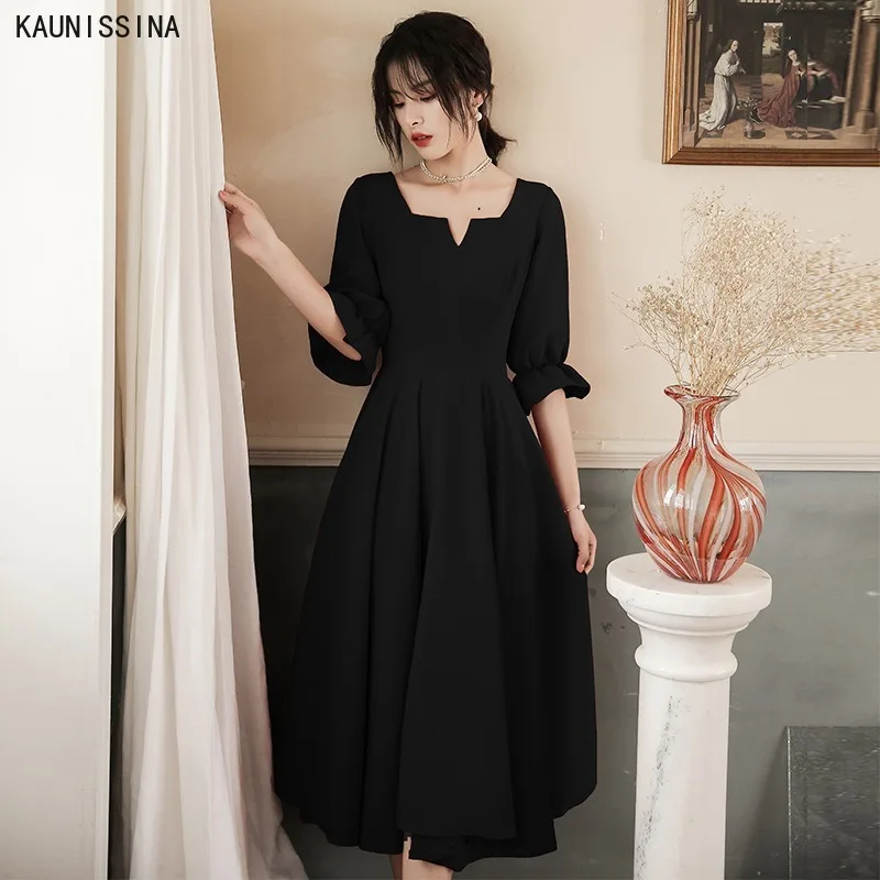 

Черное вечернее платье для женщин, вечерние платья для банкета, дня рождения, половина рукава, квадратный воротник, а-силуэт, платья для выпускного вечера, вечернее платье длиной до колена