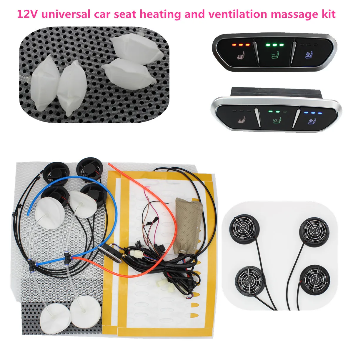 ​12V car seat ventilation kit combine heated and massager  4 air flow Fan cool + 2 heating pad  +  4 airpneumatic massage system