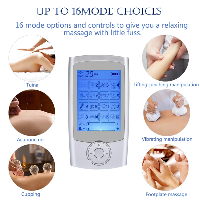 

Portable 16 Modes HealthCare Body Massage TENS Unit Electronic Pulse Physiotherapy Massager Electric EMS Muscle Stimulator+4Pads