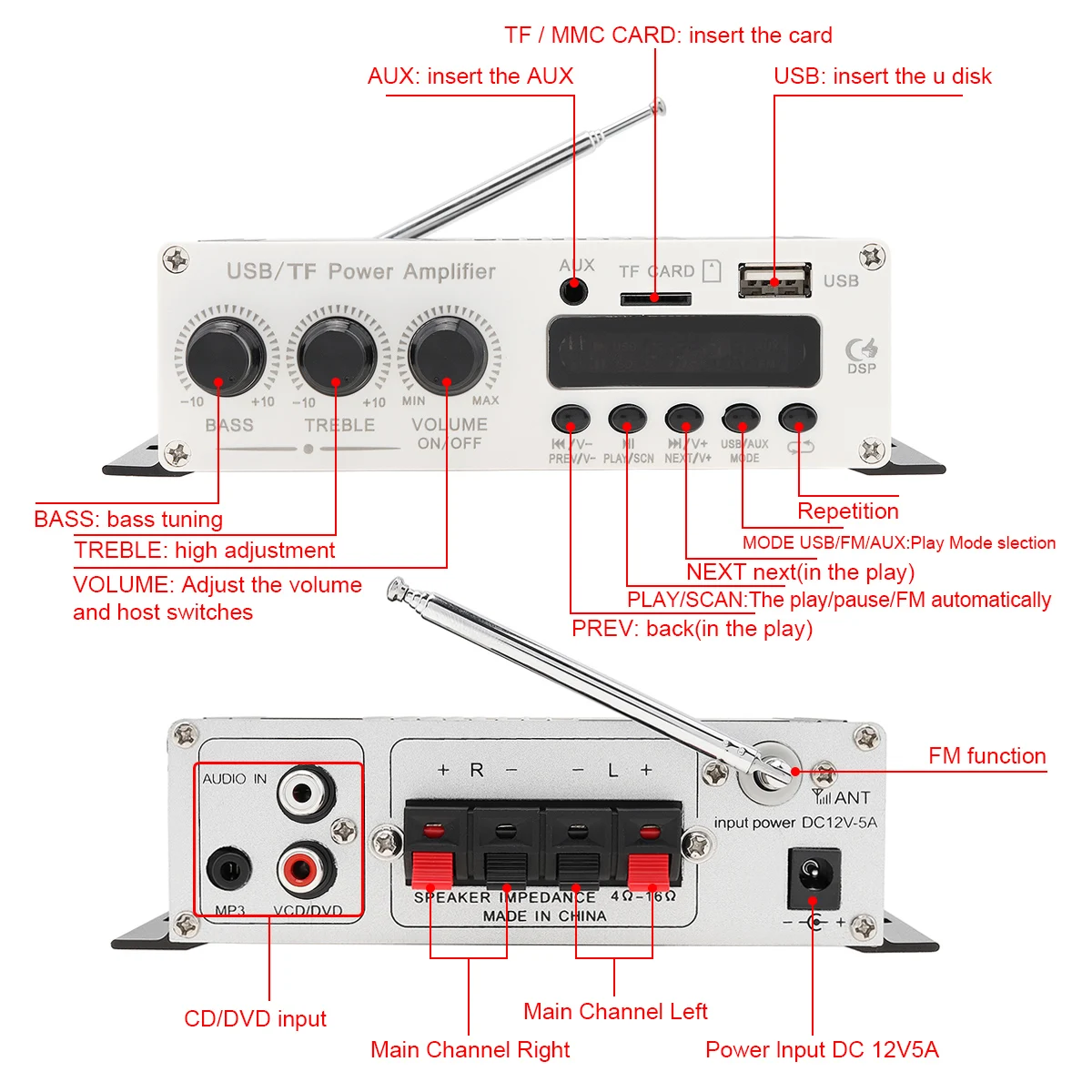 Автомобильный усилитель мощности 470BT 2CH Hi-Fi FM-радио SD USB DVD MP3 AUX | Автомобили и
