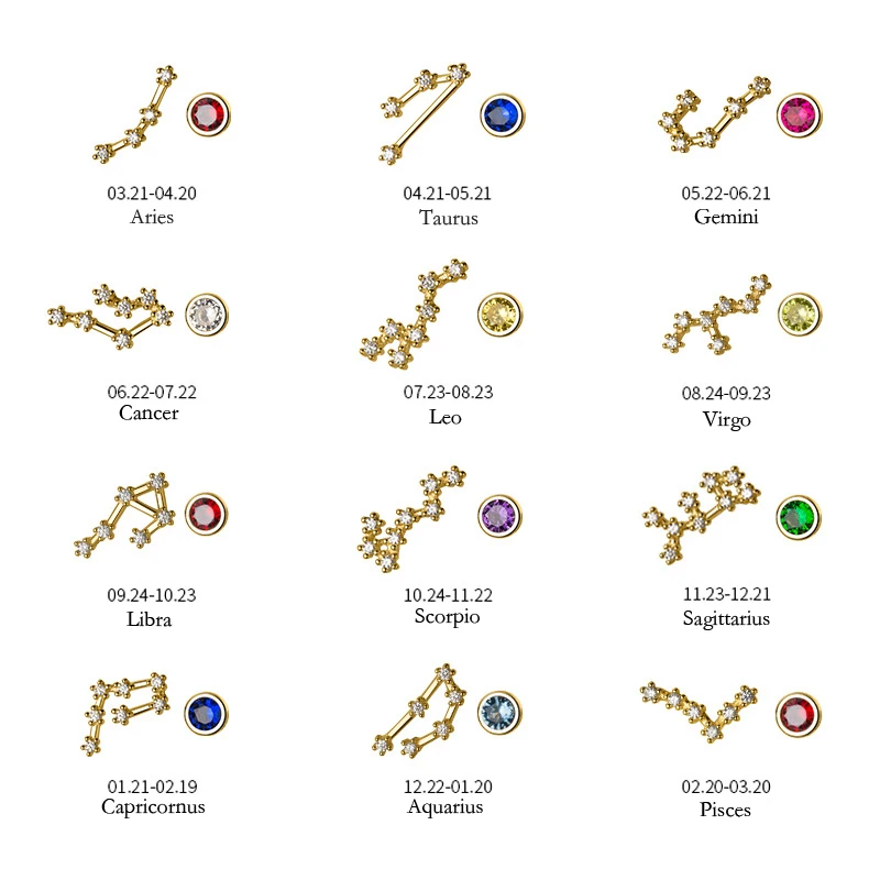 Серьги гвоздики MloveAcc 12 созвездий асимметричные серьги для ушей Кристалл Зодиак