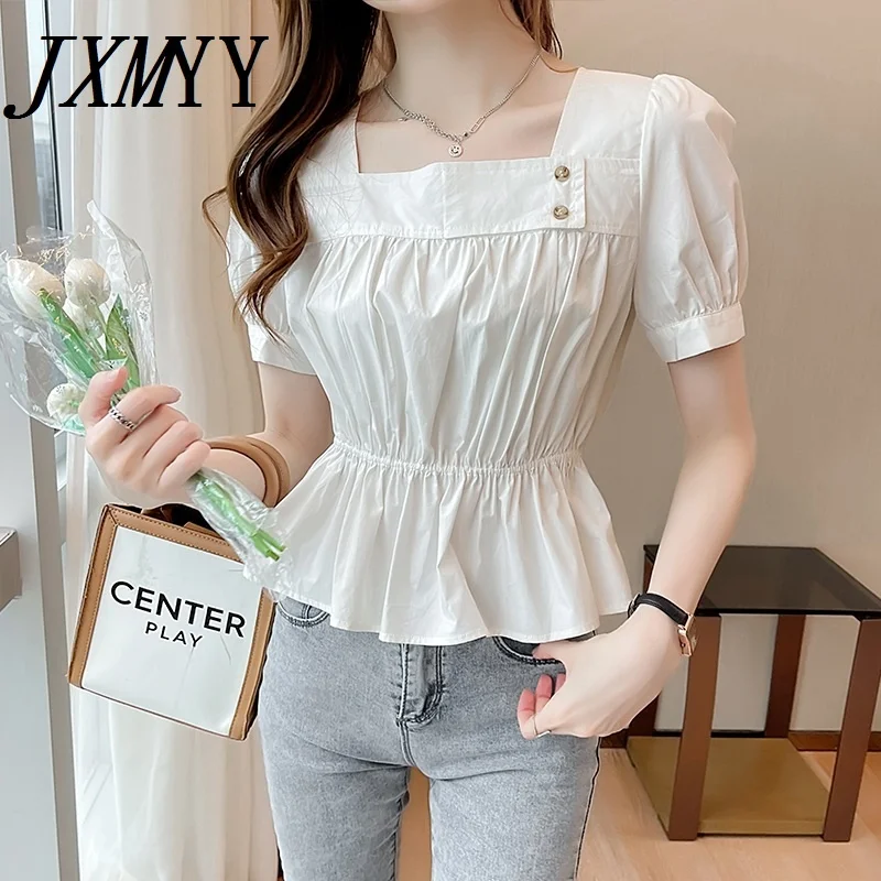 

ICCLEK JXMYY 2021 Fashion New Summer Short-Sleeved Chiffon Shirt Blouse Fashion Temperament Trend Cover Belly Smal