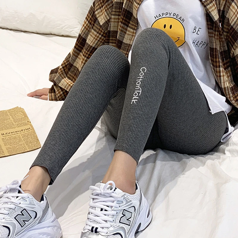 

SofBeauForY Threaded Leggings Autumn Winter Pure Cotton Nine-point High-waisted Feet Tights Women Outer Wear Embroidery Letters