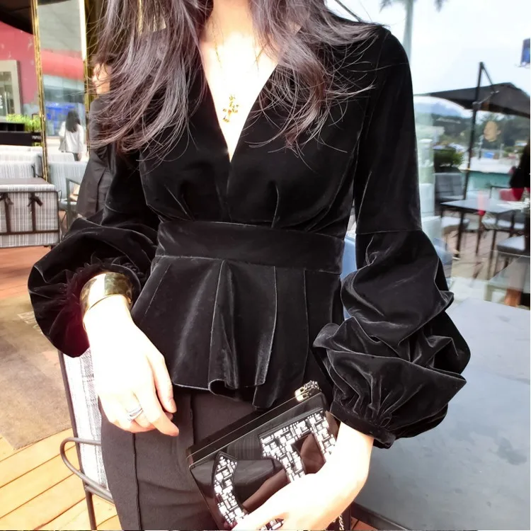 GETSRING женские топы бархатная блузка с воланом блузки рукавами-пузырями женская