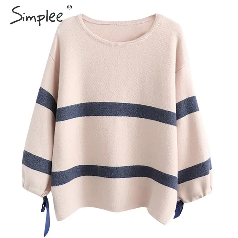 Simplee Leisure striped o-neck women pullover sweater Autumn winter bow tie sleeve female Long ladies jumper 2019 | Женская одежда