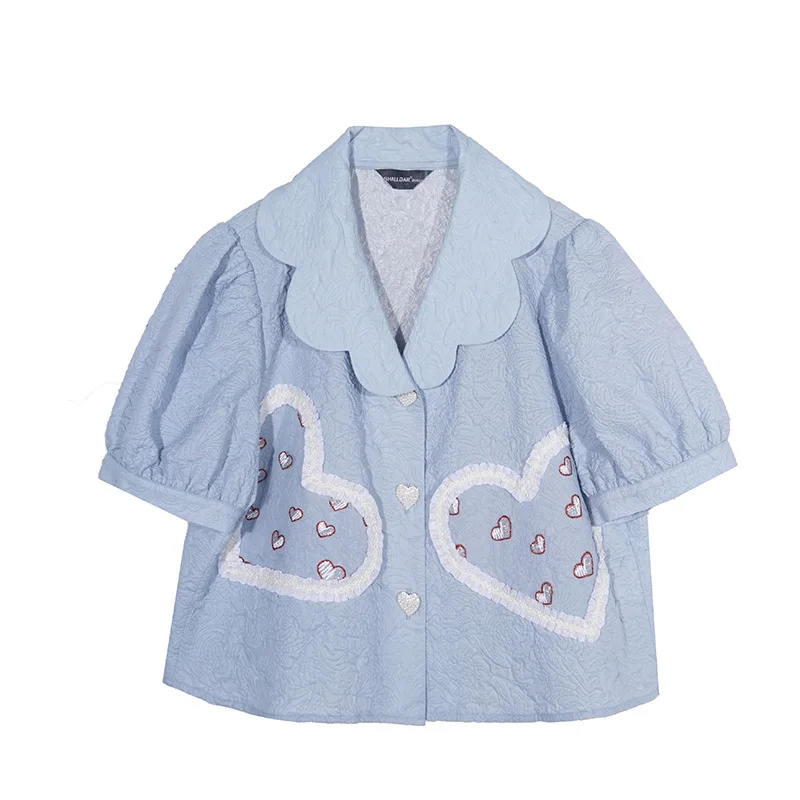 

Light Blue Elegant Shirt Nice Girl Summer Tops Tailored Collar Lace Love Heart Patched Shaort Lantern Sleeve Women Blouse Mujer