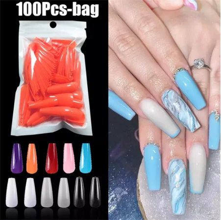 

100pcs colourful and Long Ballerina Nails detachable False Nail Tips With Glue Press on Nails Art Fake nails Stickers