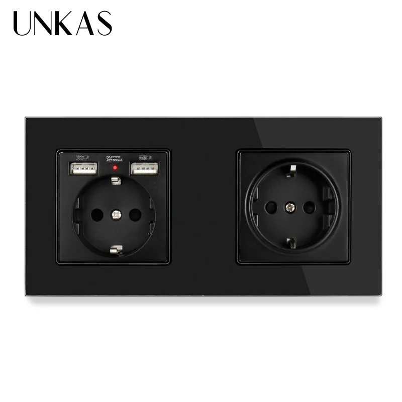 

UNKAS 2 Gang EU Standard Wall Socket luxury Crystal Glass Panel With 2 USB Charge Port Hidden Soft LED Indicator