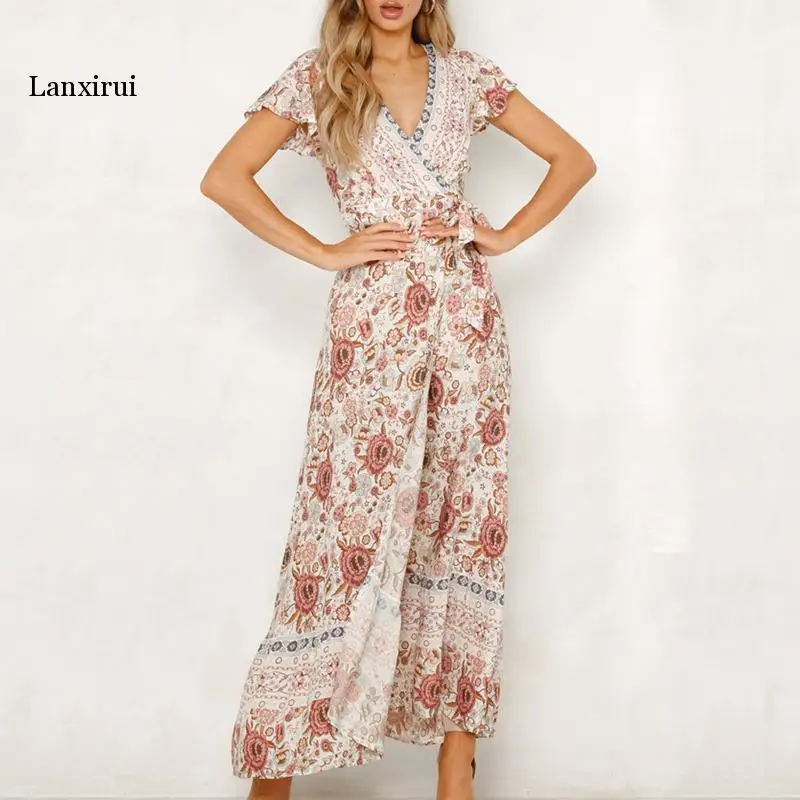 

Summer Women Floral Print Boho Dress Sexy V-neck High Split Beach Long Dress Causal Short Sleeve Sashes Wrap Maxi Dresses