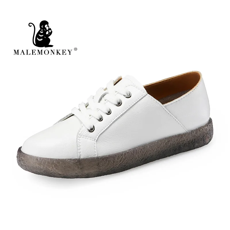 

MALEMONKEY 012929 Women Black Sneakers 2020 Fashion Breathble Flat Shoes Genuine Leather Platform Women Lace-up Casual Shoes