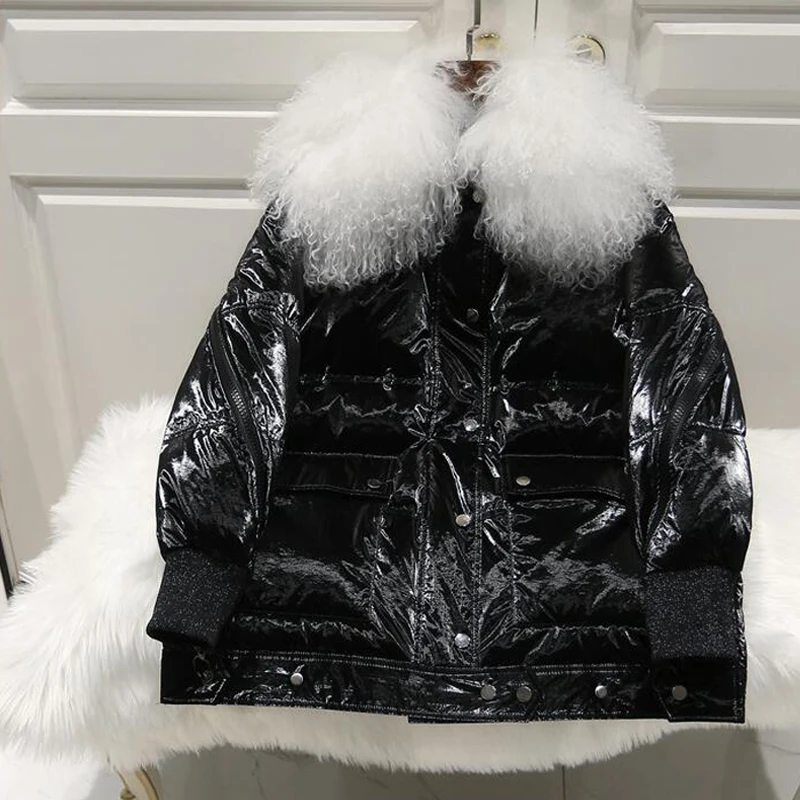 Женская куртка на белом утином пуху черная блестящая теплая парка с воротником