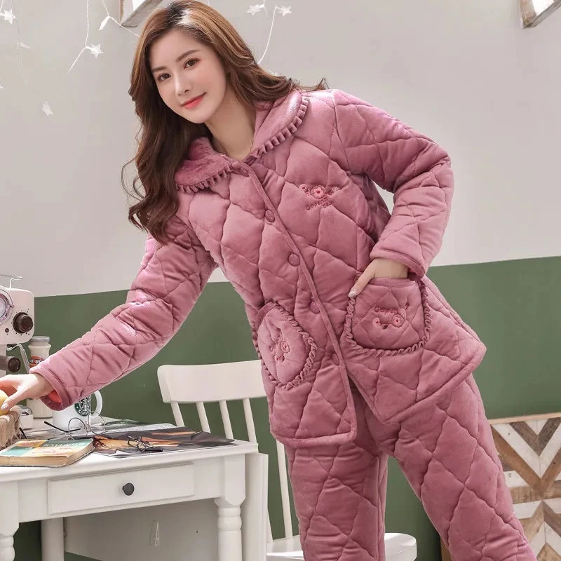 Pajamas Women Winter Warm Suits Coral Fleece Three-Layer Quilted Middle-Aged Mothers Thickened Flannel Warm Jacket Home Service