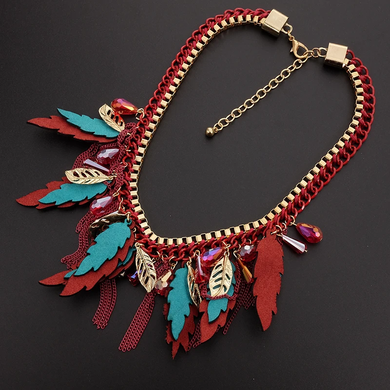 Красный, массивные женские Bohemin Мода в этническом стиле с украшением в виде кристаллов кулон в форме листика дерева Воротник Колье Ожерелье ювелирные изделия