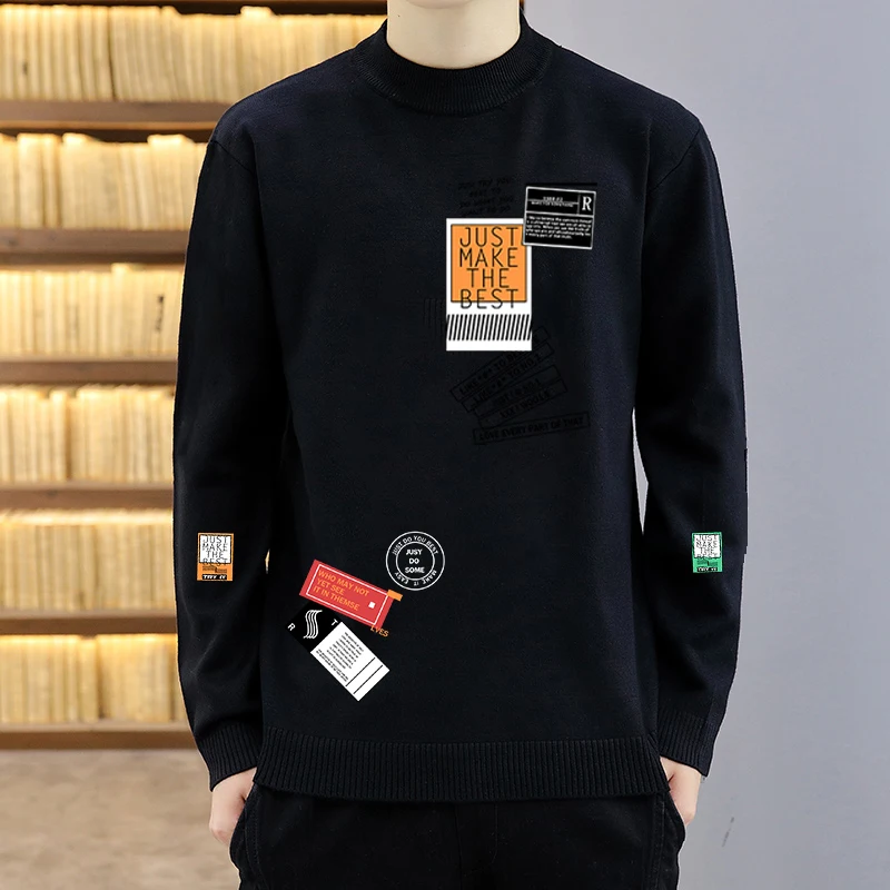 Long Sleeve Patchwork Pullover Knit Sweater Men 2021 Hip Hop Embroidery Crewneck Knitwear Sweaters Streetwear Tops Drop ship