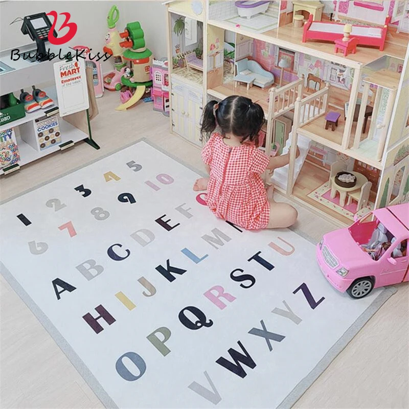 Bubble Kiss Cartoon Kids Room Decor Carpet for Bedroom Color Letter Pattern Living Room Rug Crystal Velvet Baby Play Crawl Mats