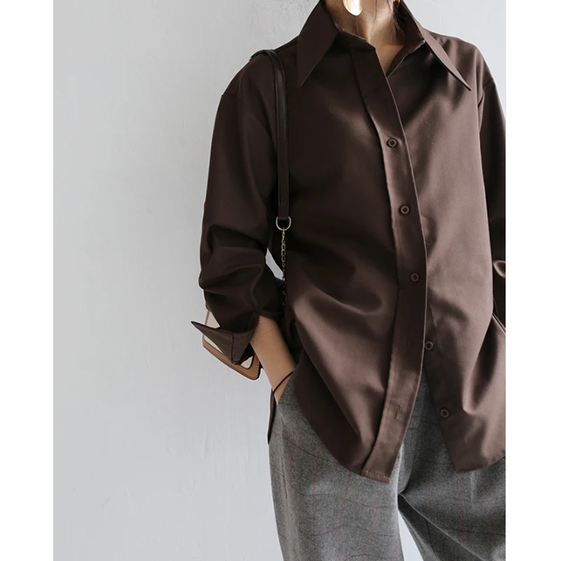 

Coffee Blouse Women Spring Autumn Casual Solid Color Long Sleeve Shirt Women Korean Loose Shirt OL Style Workwear Plus Size S-XL