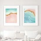 Абстрактное пляжное искусство стены Розовый Бирюзовый Золотой океан большой плакат Холст Искусство пейзаж живопись настенные картины для гостиной